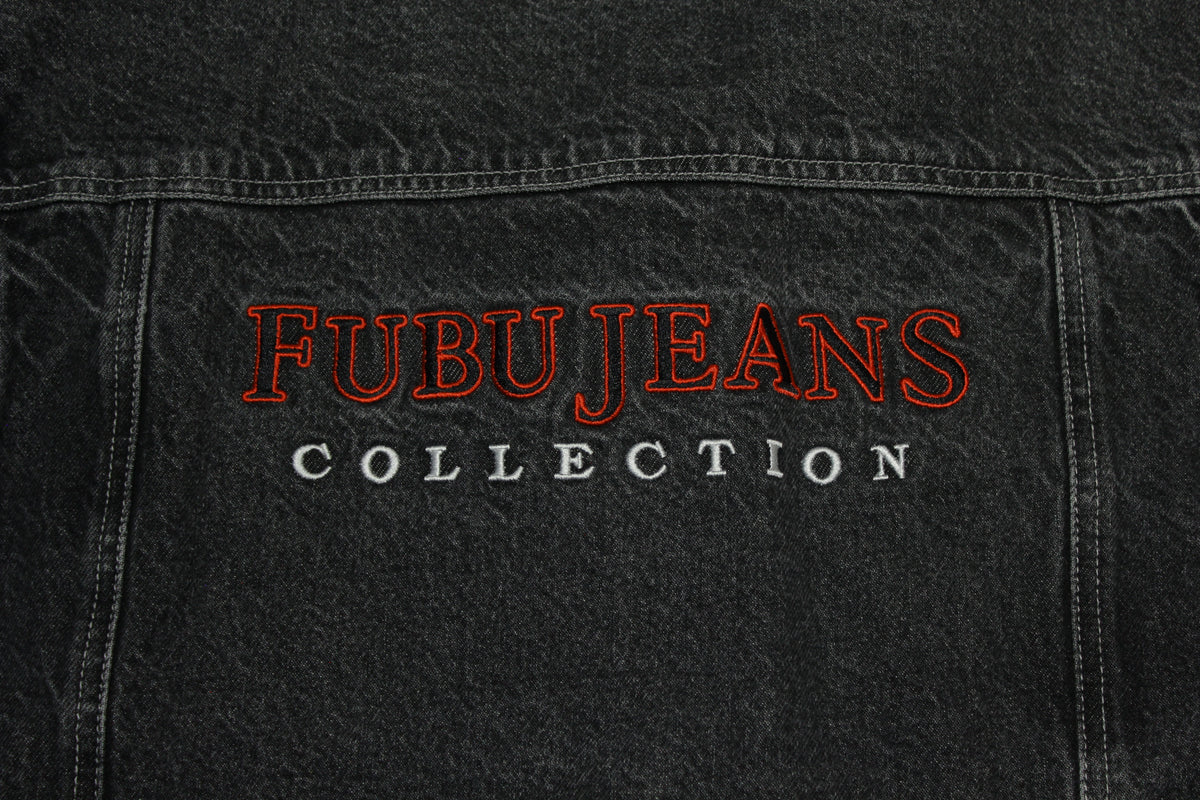 Fubu Sports The Collection Vintage 90's Y2K Black Embroidered Denim Jeans Jacket