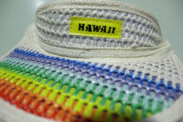 Hawaii Rainbow Vintage White 80's Elastic Back Sun Visor Hat