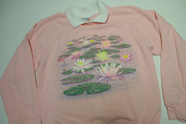 Morning Sun Pink Lilly Pads Vintage 80's Collared Crewneck Grandma's Sweatshirt