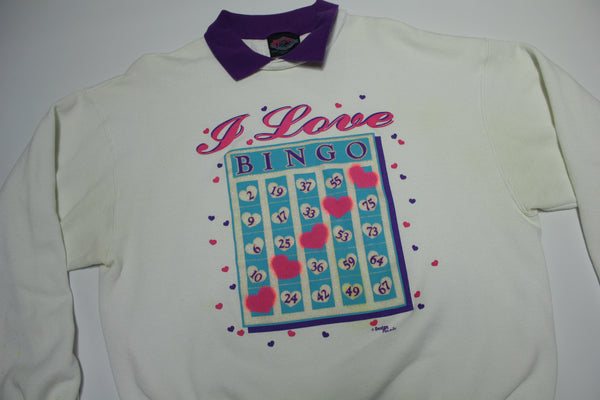 I Love Bingo Vintage 80's Design Pointe Collared Crewneck Grandma's Sweatshirt