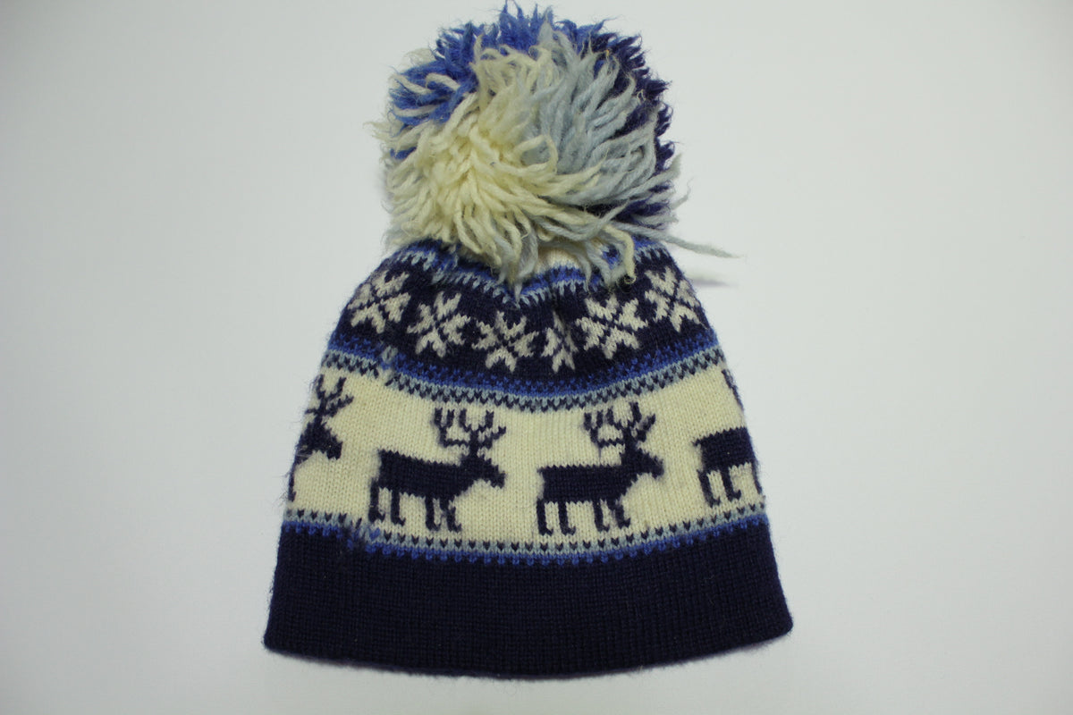 Deer Elk Knit Stocking Snow Cap Hat Beanie With Tassel Ball Vintage 1970's 1980's