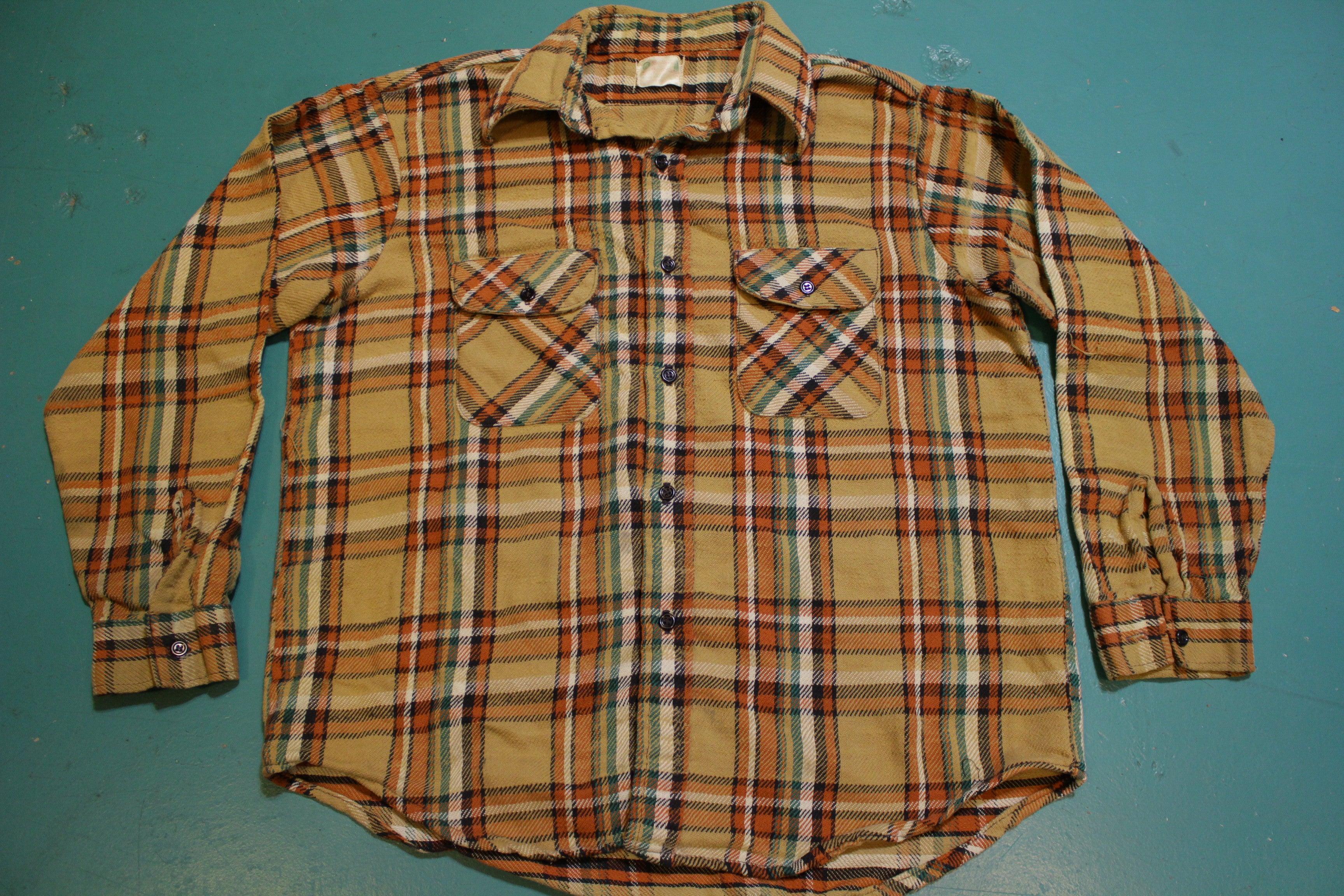 5 Brother Vintage 60's Orange Brown Green Flannel Plaid Shirt