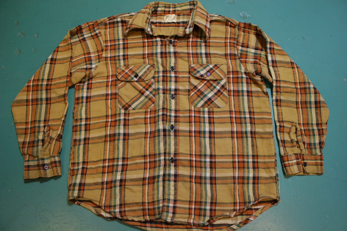 5 Brother Vintage 60's Orange Brown Green Flannel Plaid Shirt Long Sleeve Shirt