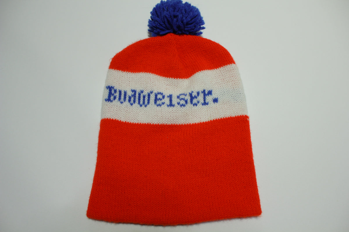 Budweiser Beer Knit Stocking Snow Cap Hat Beanie With Tassel Ball Vintage 1970's 1980's