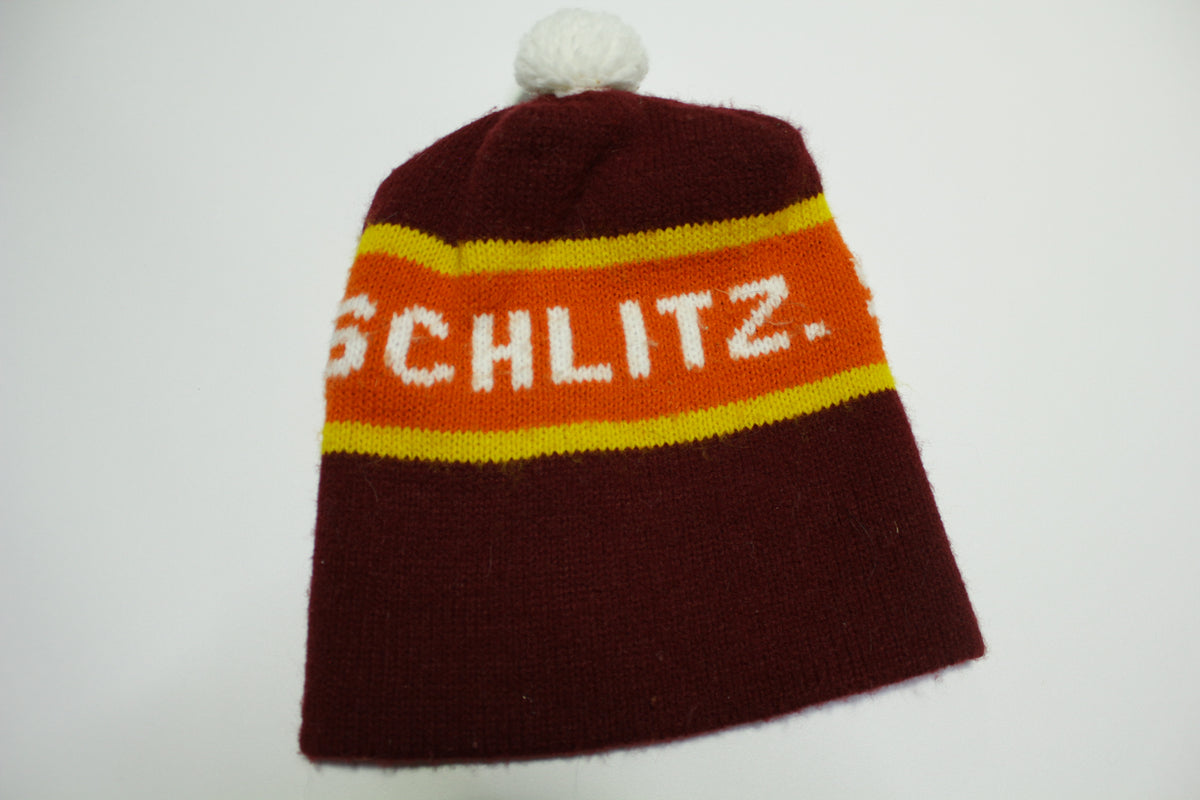 Schlitz Beer Knit Stocking Snow Cap Hat Beanie With Tassel Ball Vintage 1970's 1980's