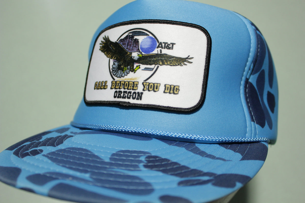 AT&T Blue Camo Call Before You Dig Oregon Vintage 80's Adjustable Back Snapback Hat