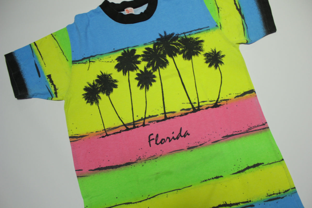 Florida Multi Color Band Palm Beach Vintage 80's Textile Prints Tourist T-Shirt