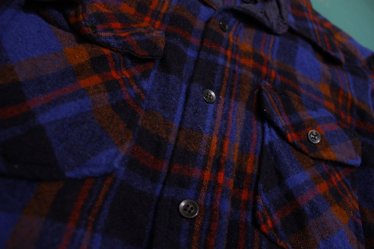 Passport Vintage 60's Blue Red Flannel Plaid Shirt Wool Long Sleeve Button Up