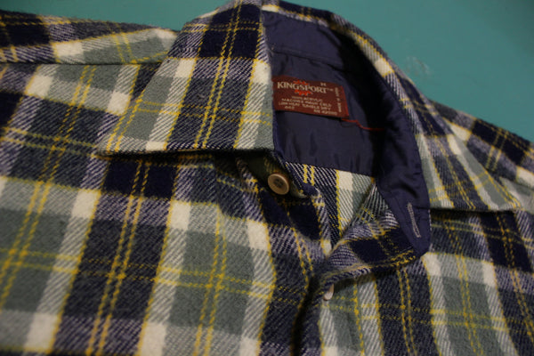 Kingsport Vintage 60's Blue Green Flannel Plaid Shirt Wool Long Sleeve Button Up