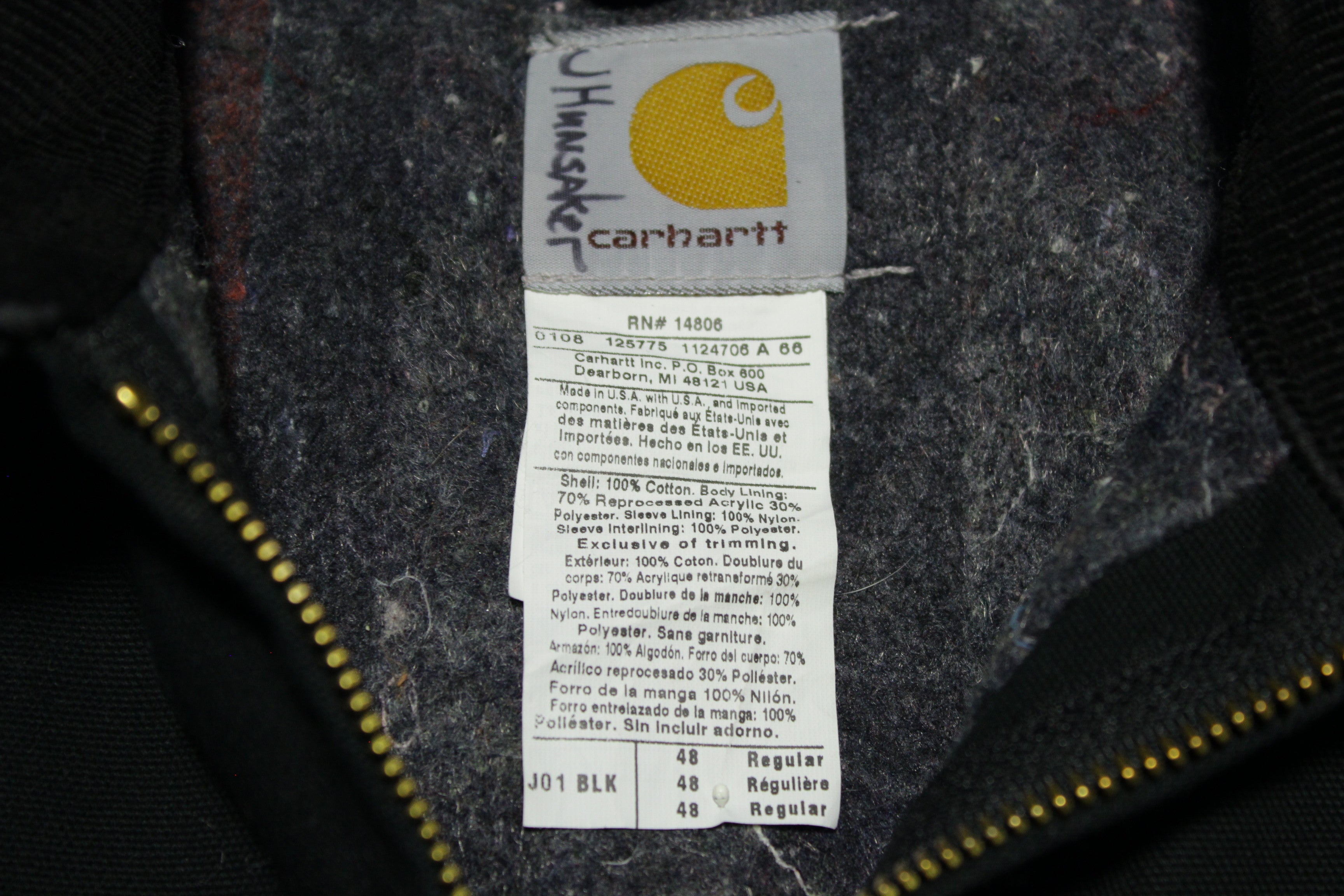 Carhartt J01 BLK Detroit Black Duck Cotton Blanket Lined Jacket 48