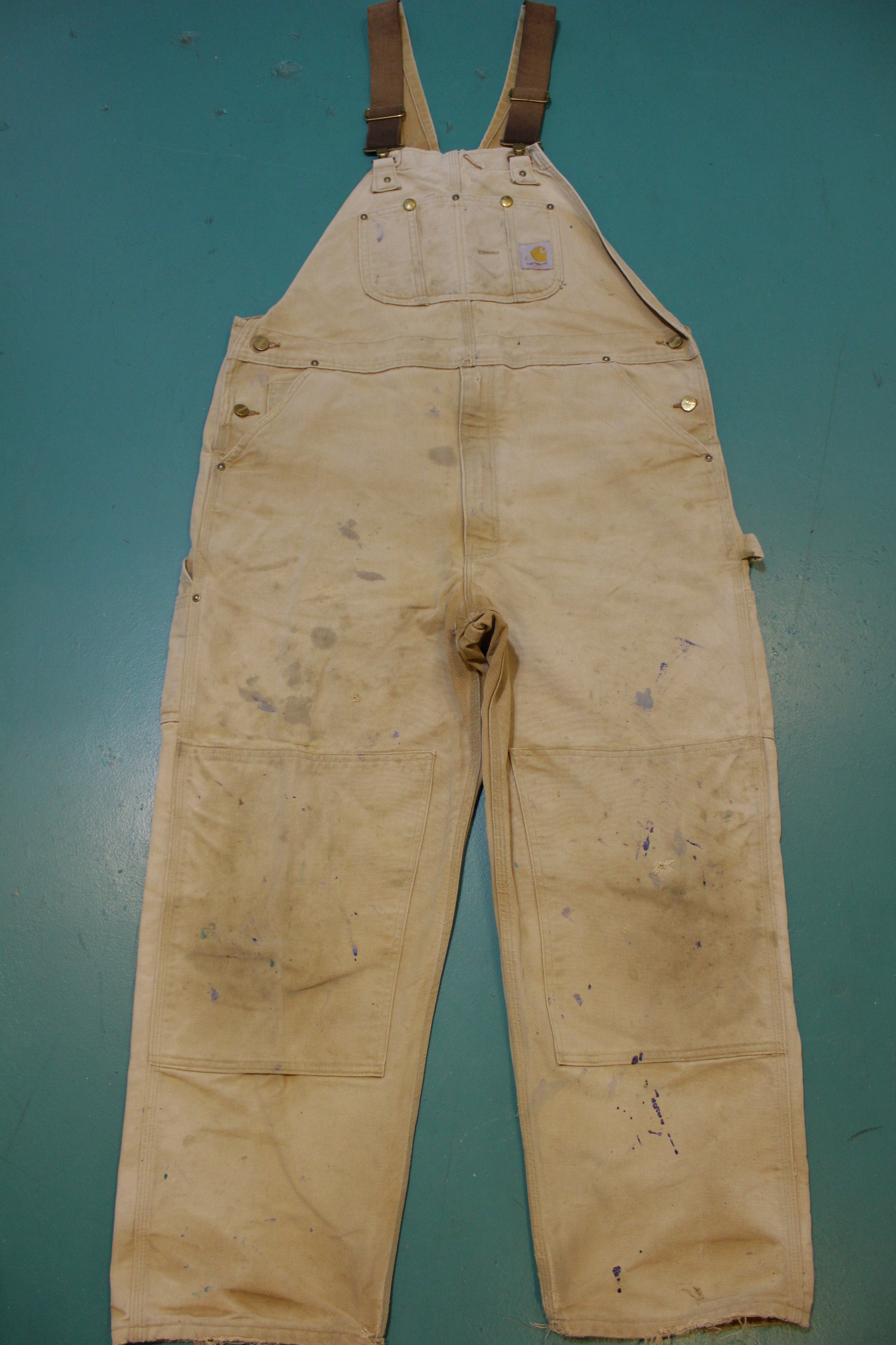 Vintage Carhartt R01 BRN Carpenter Overalls Double Knee 42x34 Canvas Duck deals Tan