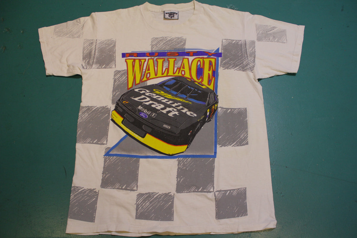 Rusty Wallace Vintage All Over Print Miller Genuine Draft 90's Checkered Flag T-Shirt