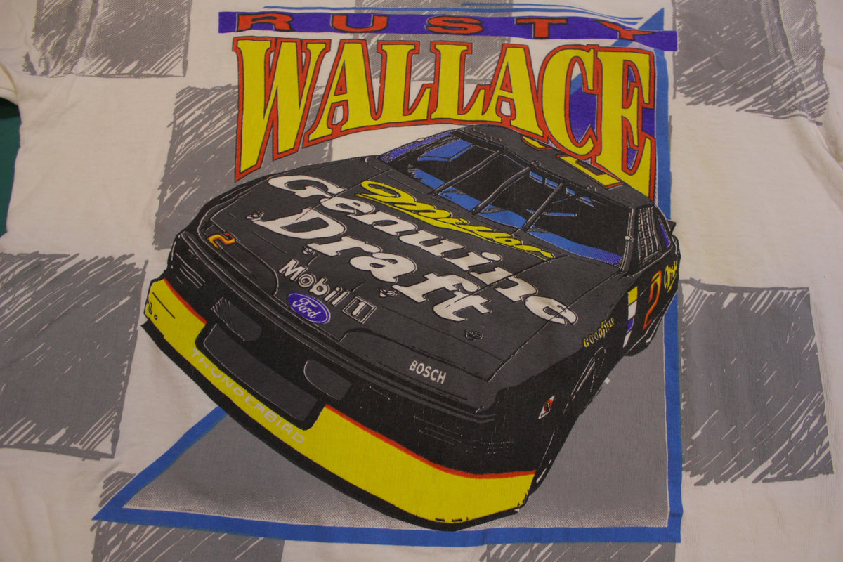 Rusty Wallace Vintage All Over Print Miller Genuine Draft 90's Checkered Flag T-Shirt