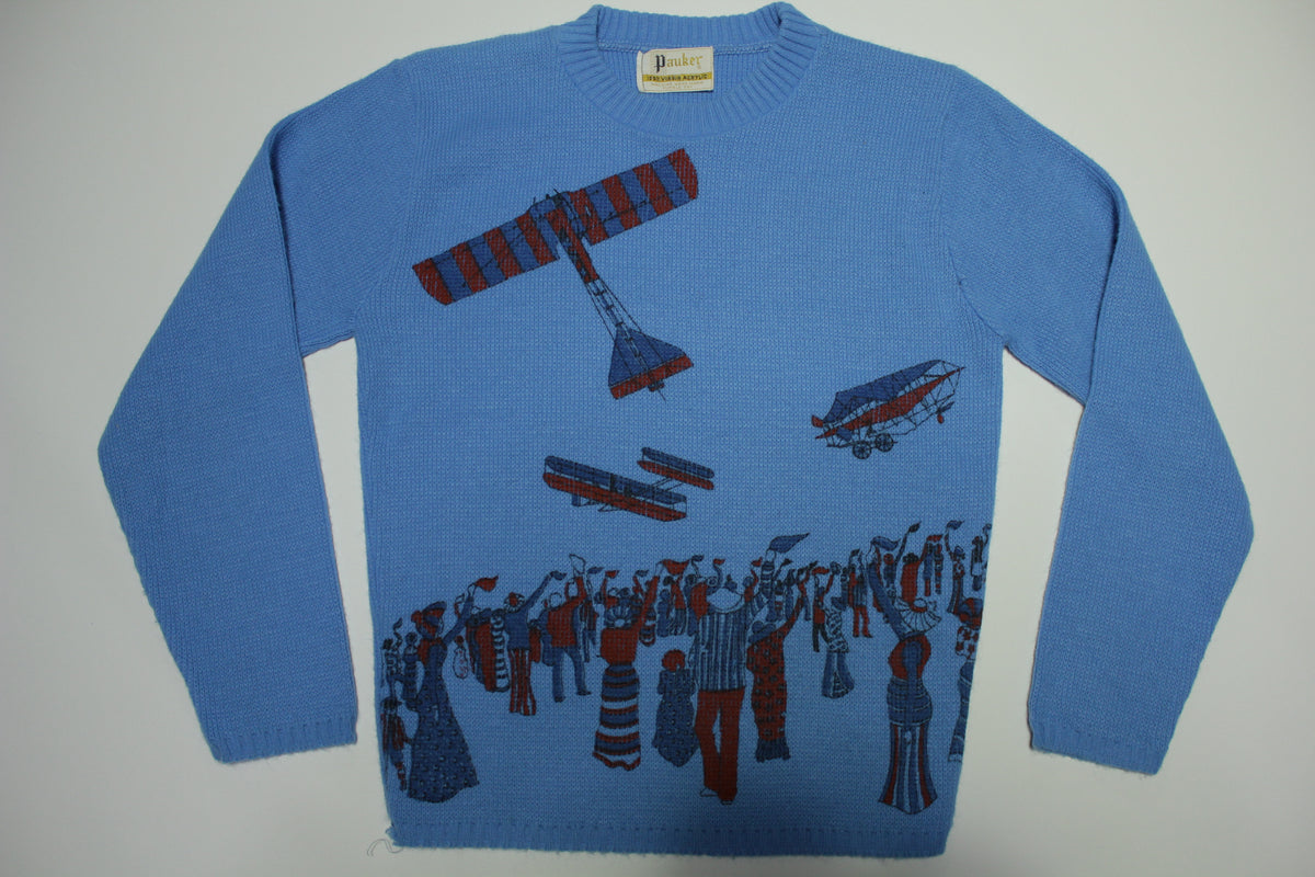 Caudron Biplane Vintage 50's Airshow Print Design Pauker Knit Sweater