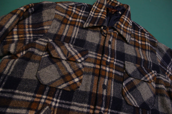 Kingsport Vintage 60's 70's Lined Flannel Plaid Wool Shirt Jacket With Pockets