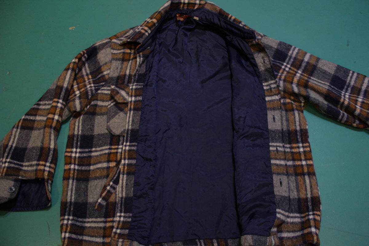 Kingsport Vintage 60's 70's Lined Flannel Plaid Wool Shirt Jacket With Pockets