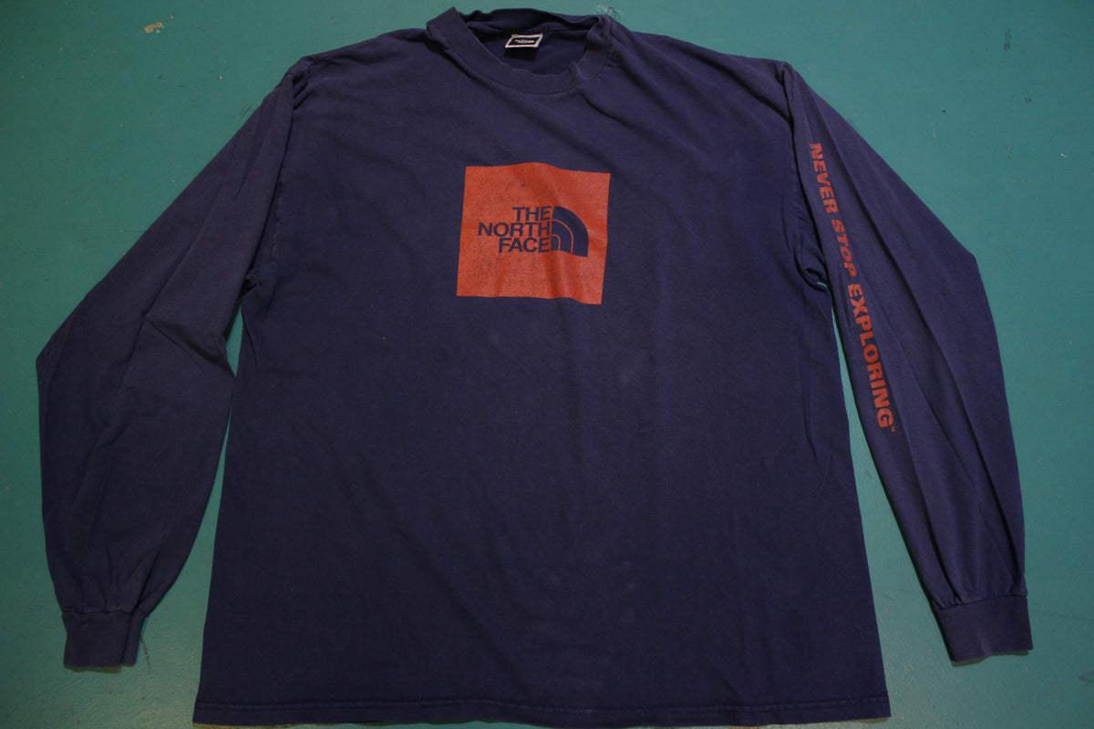The North Face Box Logo Big Long Sleeve Spellout Vintage 90s Blue T-Shirt