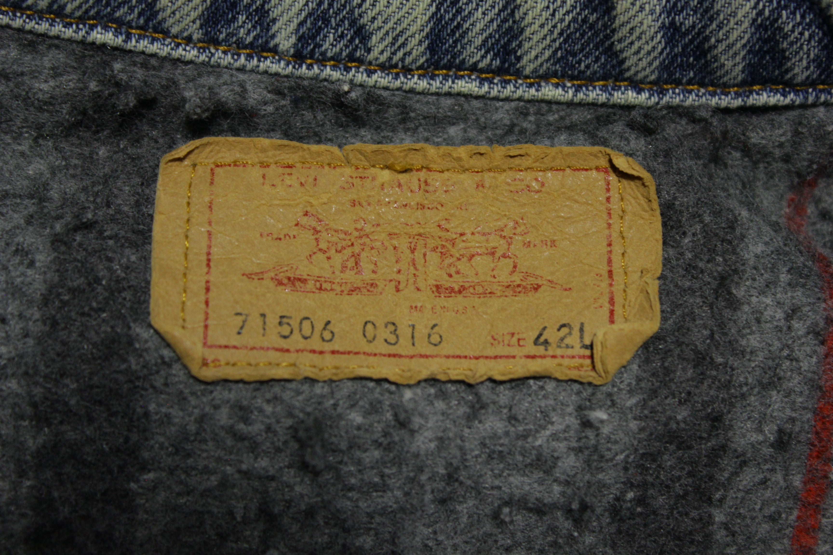 Levis 71506-0316 Vintage 80s 2 Side Pocket Blanket Lined Denim
