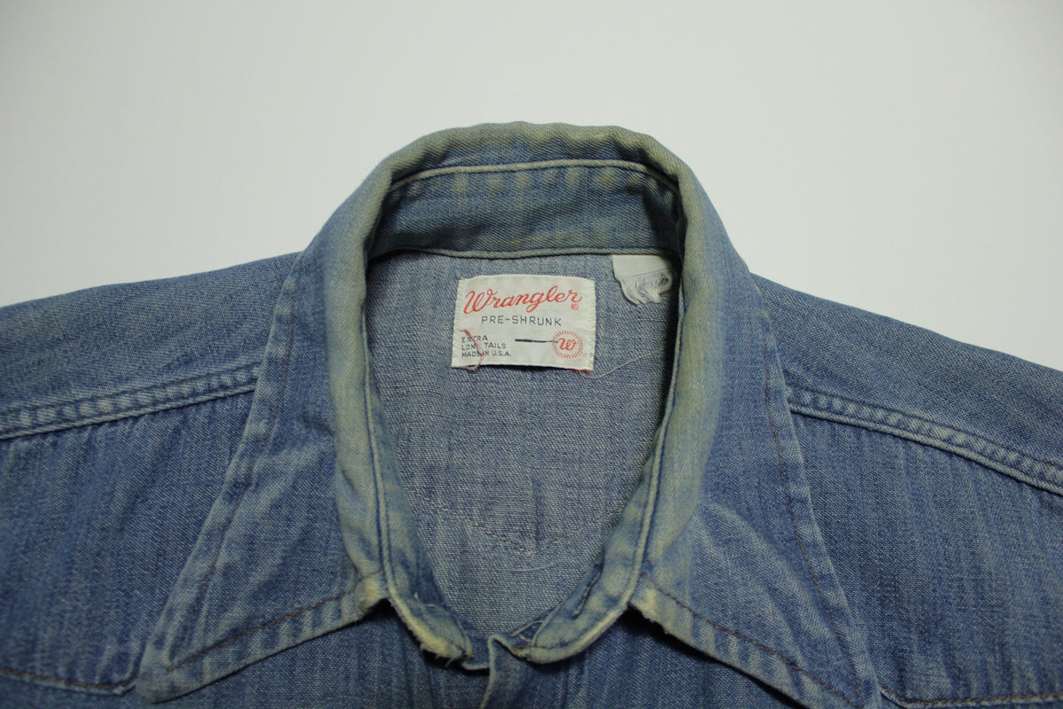 Wrangler Pre Shrunk Denim Chambray Long Tails Made in USA Pearl Snap Vintage 60s Shirt