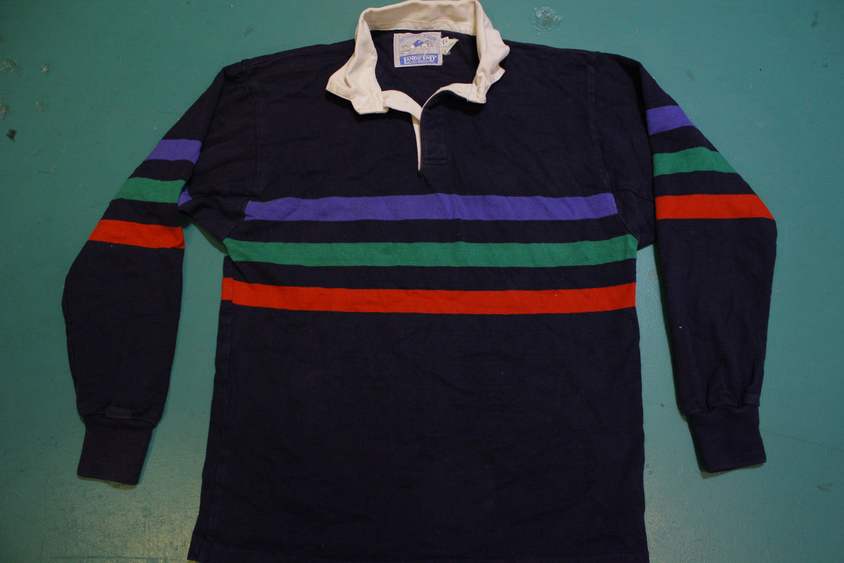 Lands End Authentic Rugby Striped 90's Color Block Made In USA Polo Long Sleeve Shirt