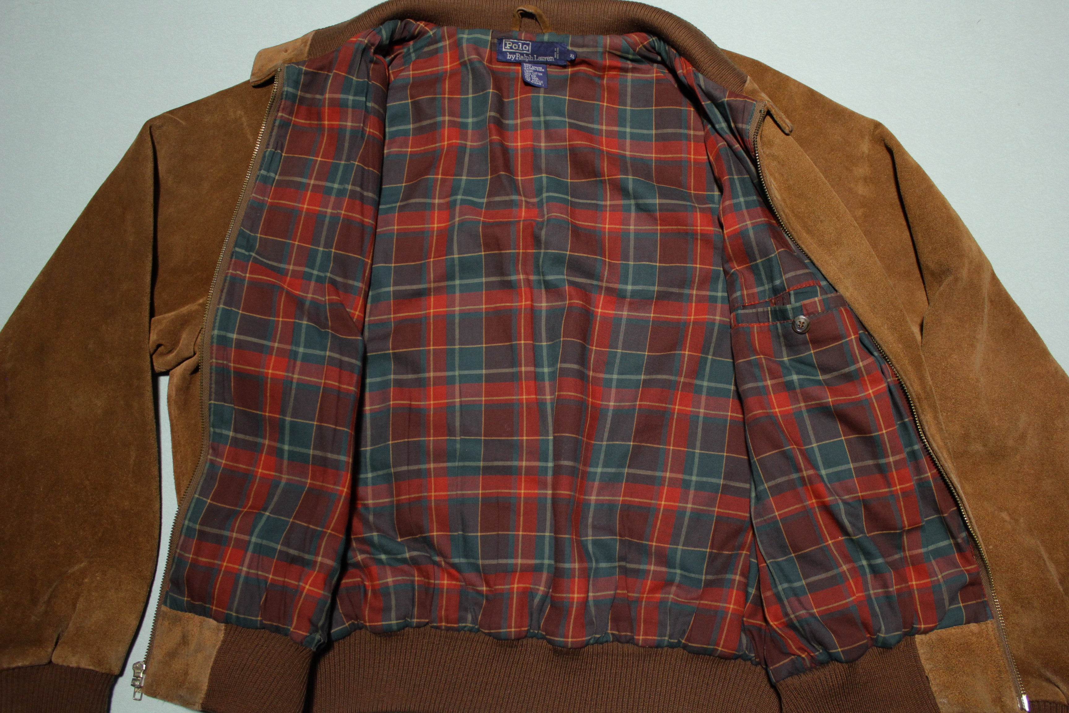 Ralph Lauren Polo Country Brown Vintage Plaid Lined Suede Leather Bomber  Jacket