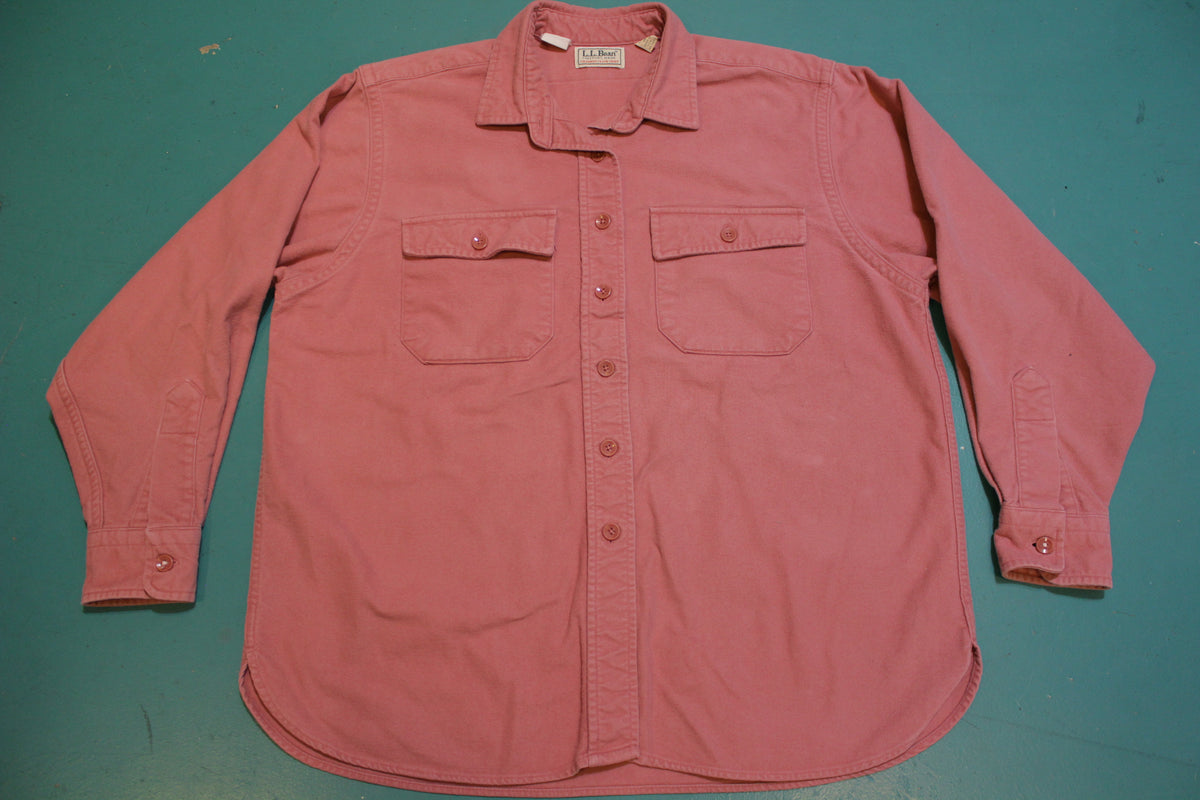 LL Bean Made In USA Vintage Pink Salmon Long Sleeve Cotton Chamois Cloth Shirt