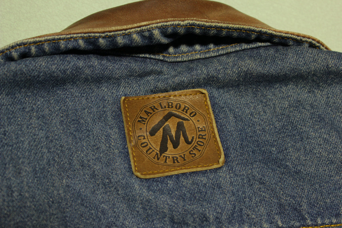 Marlboro Country Store Vintage Leather Collar Plaid Lining 90s Denim Jean Jacket