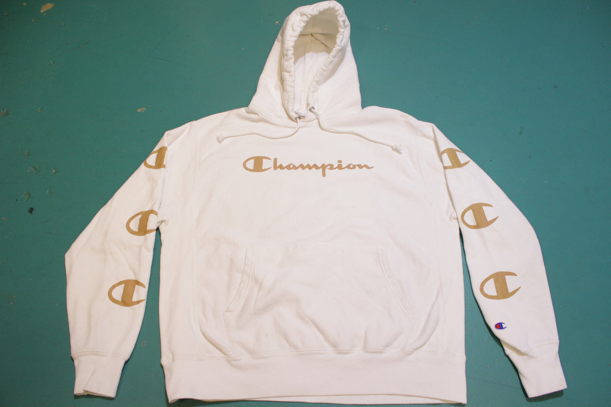 Champion Vintage Reverse Weave White Gold Script Logo Sweatshirt Large Hoodie