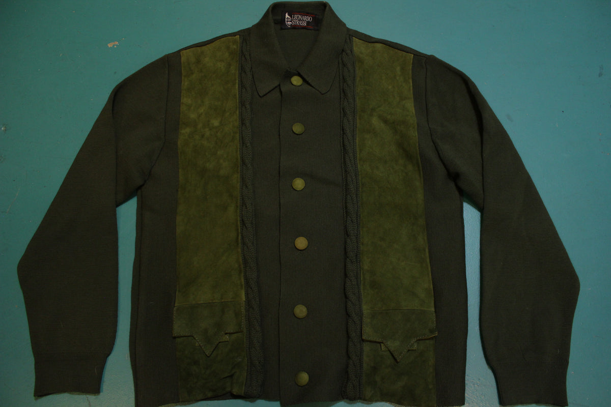 Leonardo Strassi Italian Import 60's Mod Green Suede Cabled Cardigan Sweater RARE!