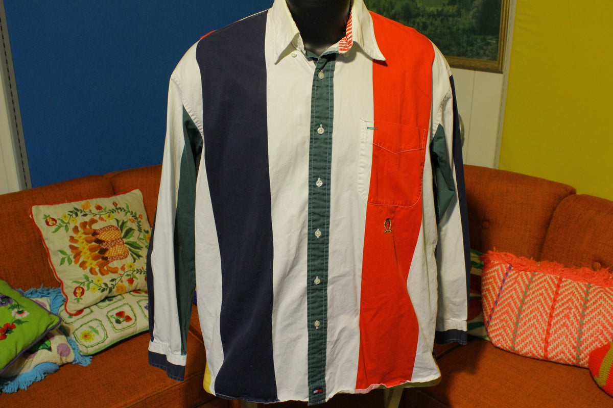 90s Mens Tommy Hilfiger Multicolor Vertical Stripe Button Down Shirt