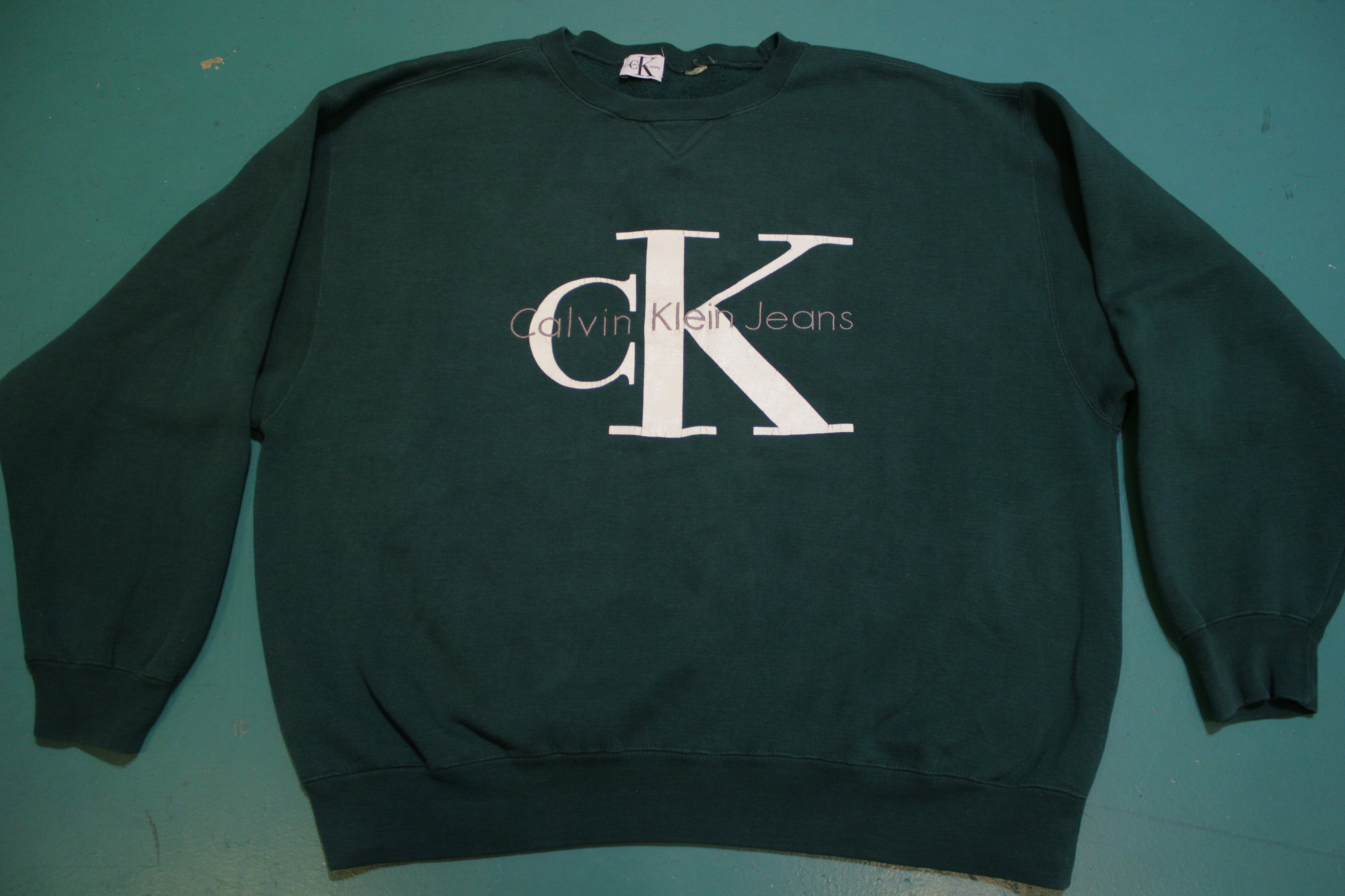 VINTAGE 90s CK CALVIN KLEIN JEANS SPELL OUT LOGO T SHIRT USA Size L White 