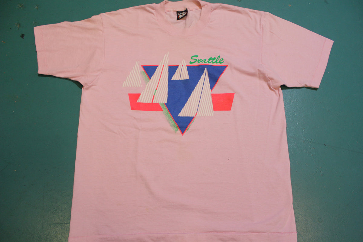 Seattle Pink Bright Color Sailboats Vintage 1989 80's Single Stitch Screen Stars T-Shirt