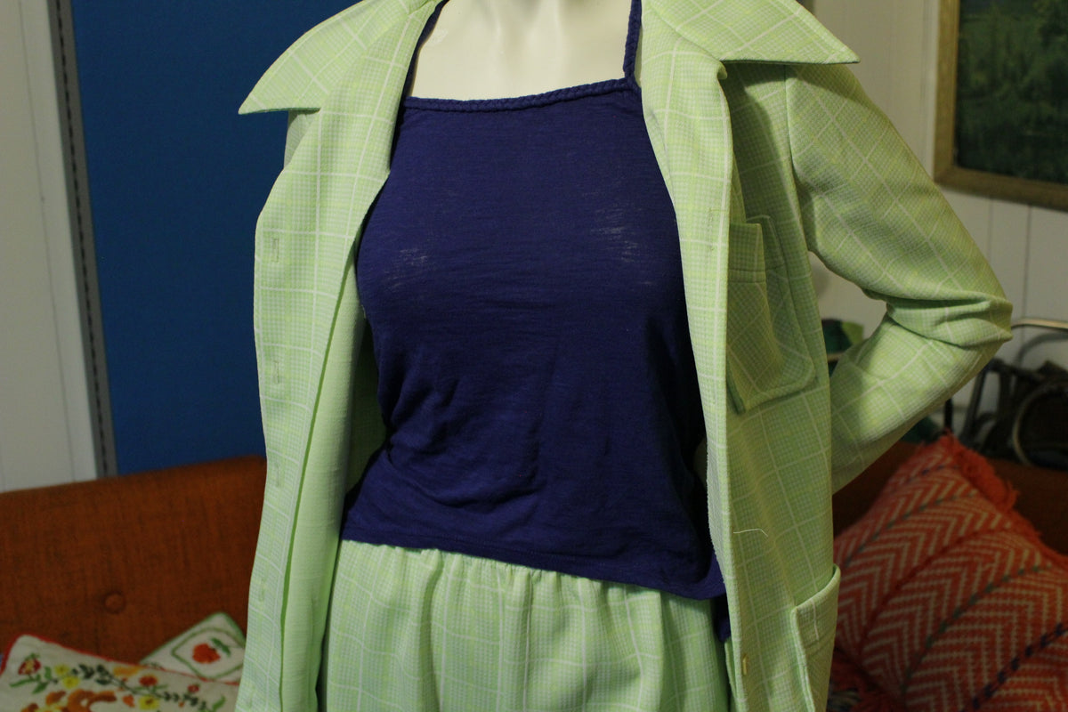 3-Pocket Green Plaid Vintage Women's Two Piece Suit. Excellent 1970's Clothing.