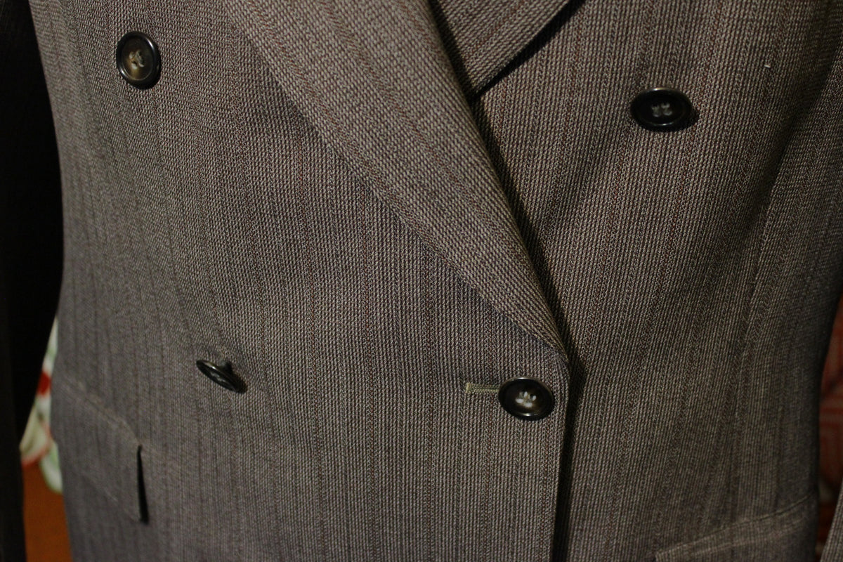 3 Piece Pinstriped Brown Double Breasted Vintage Suit. Men's Large. Flap Pockets. Made in USA