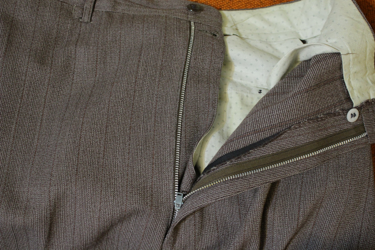 3 Piece Pinstriped Brown Double Breasted Vintage Suit. Men's Large. Flap Pockets. Made in USA