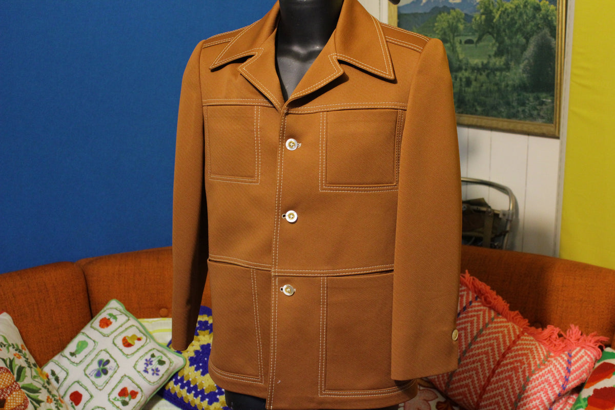 Rolls 1970's Vintage Brown Disco Sports Suit Jacket. White Threads. 4 Pocket. Dead mint!