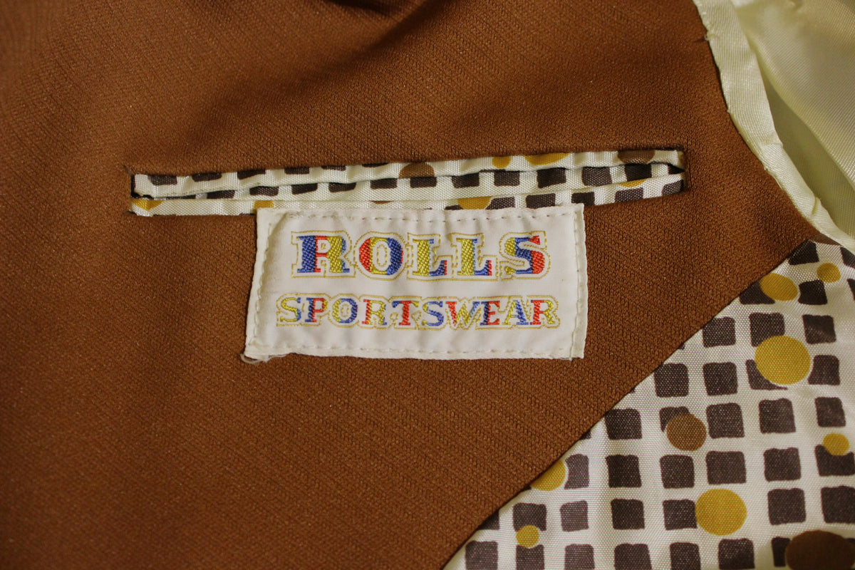 Rolls 1970's Vintage Brown Disco Sports Suit Jacket. White Threads. 4 Pocket. Dead mint!