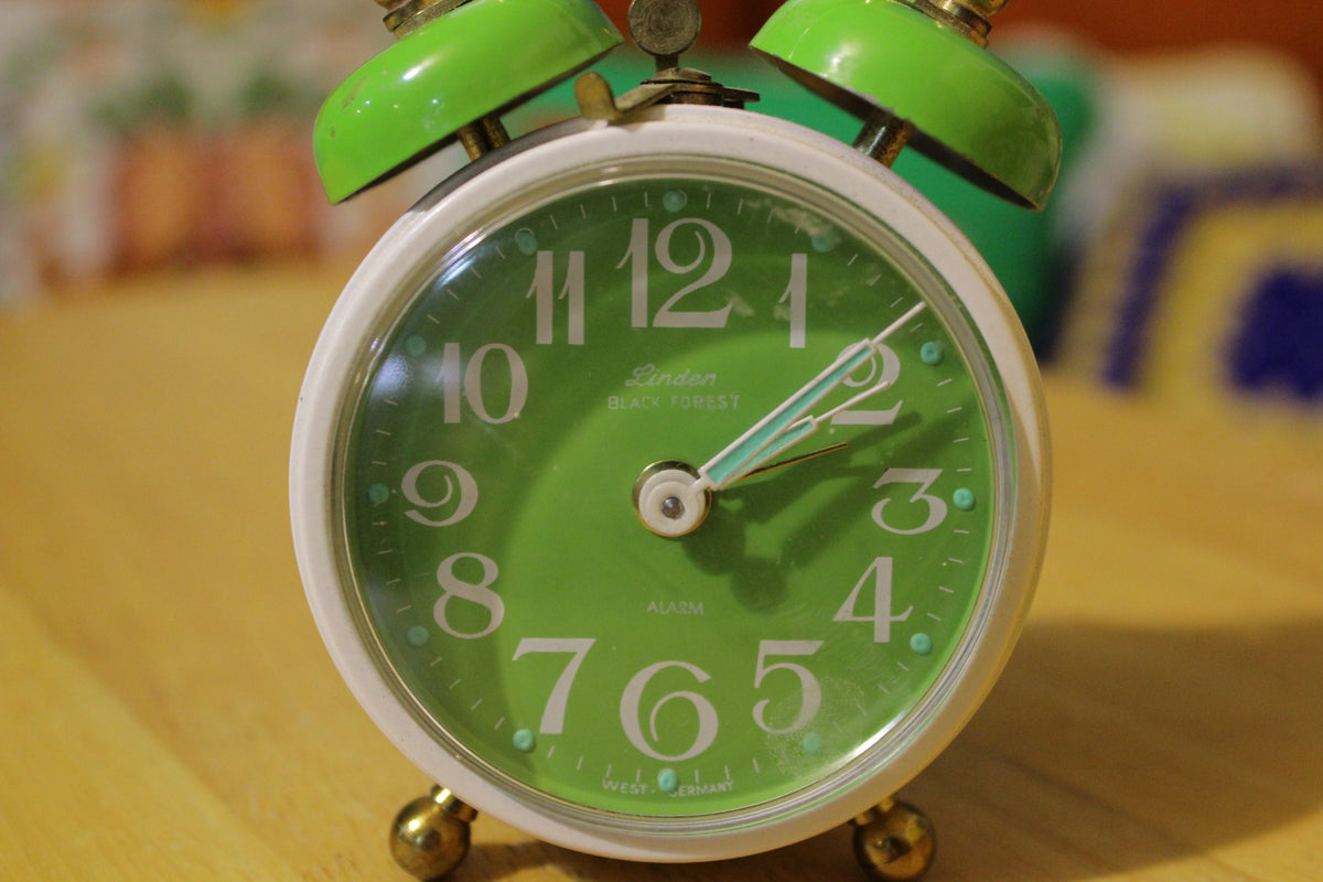 Linden Black Forest Vintage White and Green Double Bell Alarm Clock. 1960's 1970's