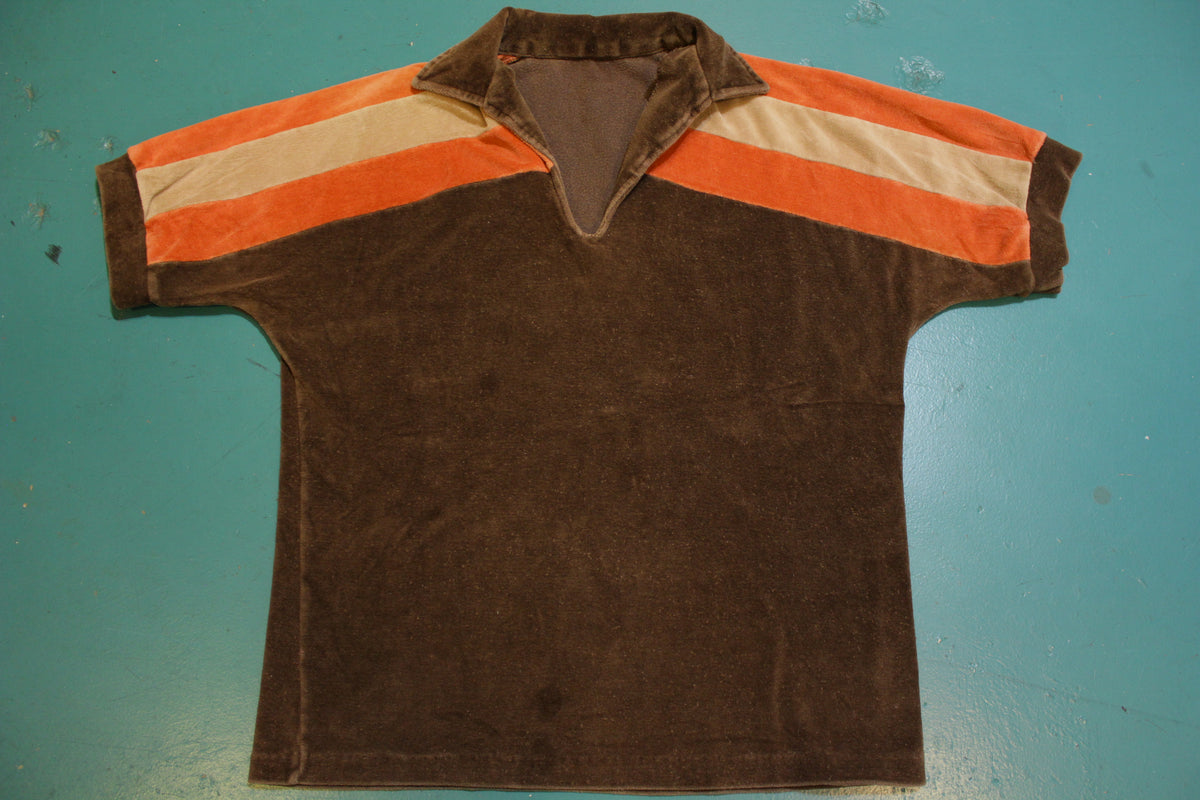 Velour V-Neck Disco 70's Tennis Golf Single Stitch Polo Shirt
