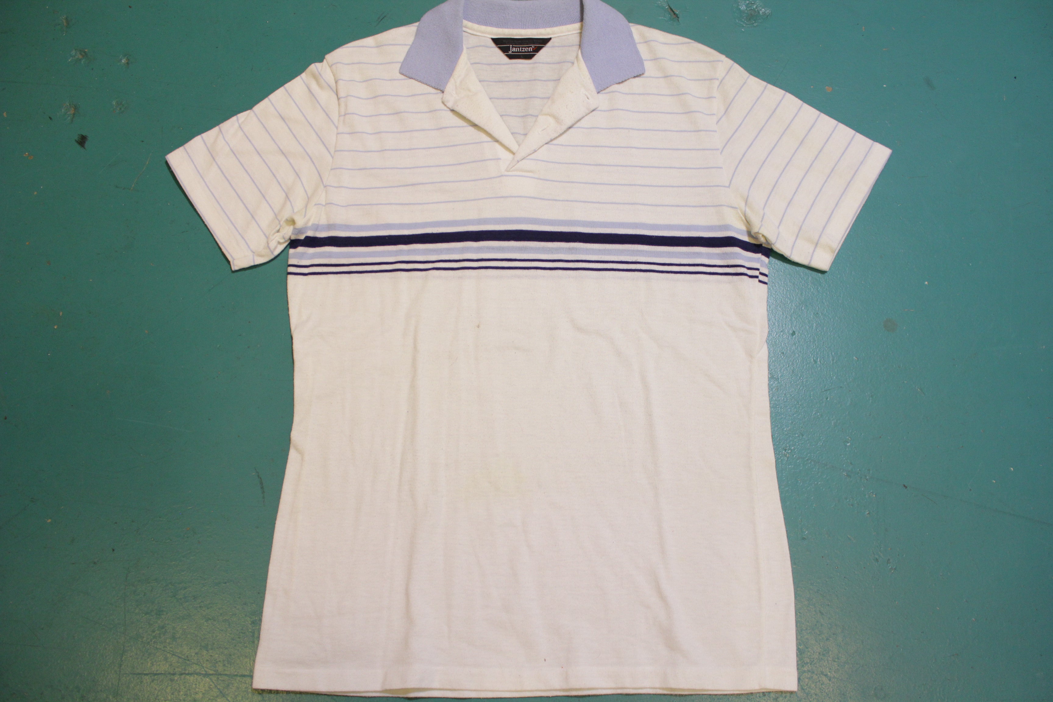 Jantzen Blue White Striped 80's Tennis Golf Single Stitch Polo