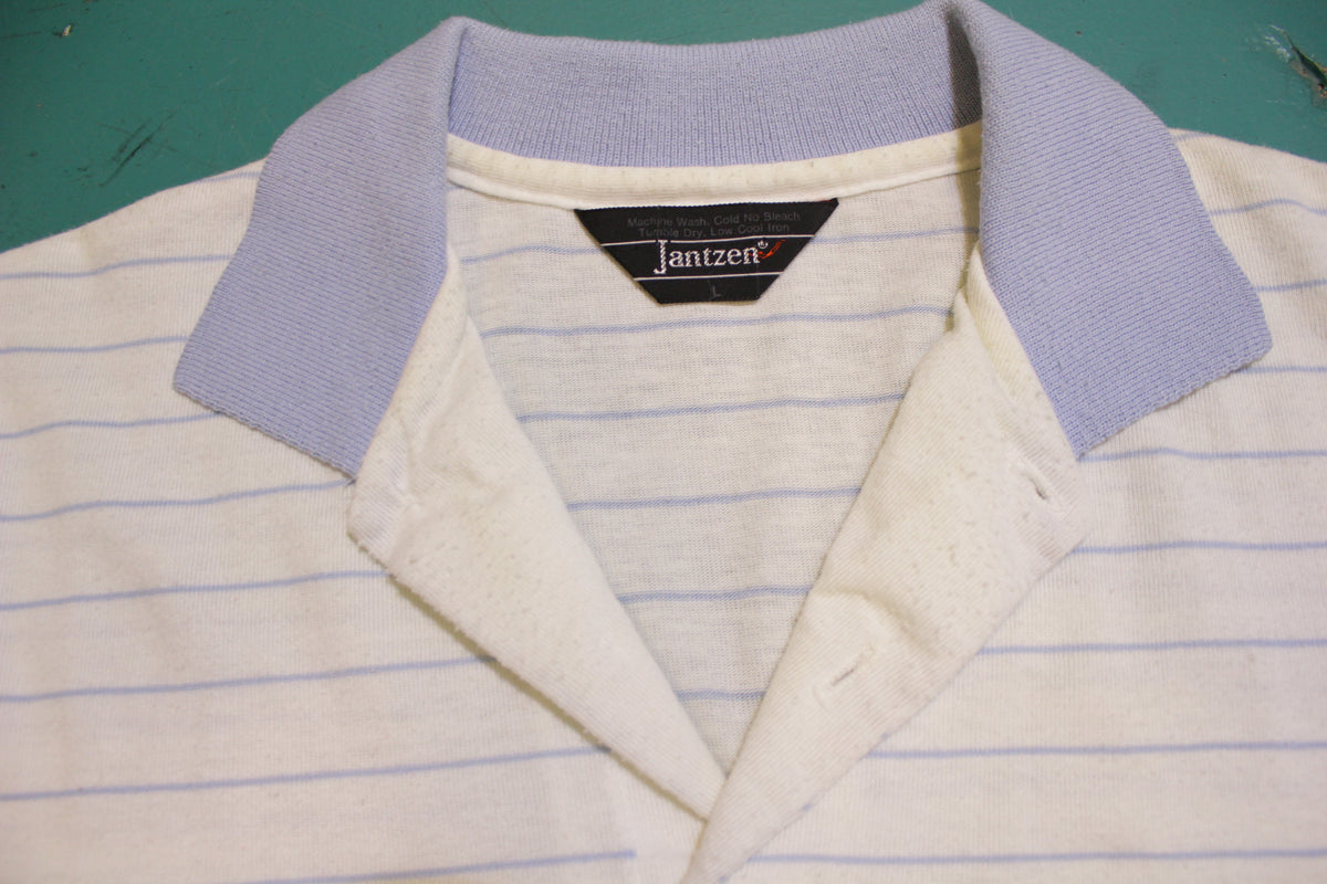 Jantzen Blue White Striped 80's Tennis Golf Single Stitch Polo Shirt
