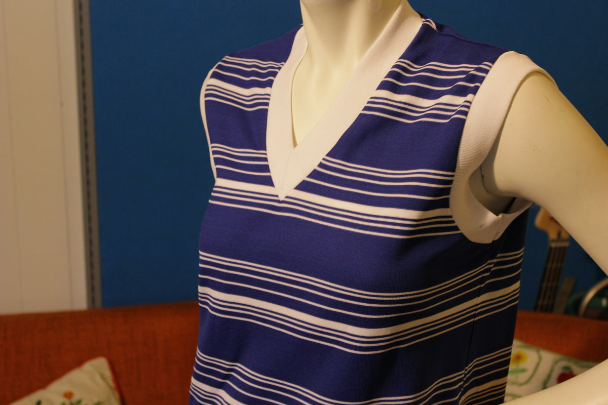 Blue Striped Montgomery Ward Straight Cut Sleeveless Dress Vintage 1960's 1970's