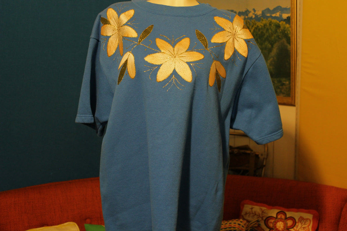 Glitter Flowers Blue Hanes Short Sleeve Sweatshirt. Activewear. Made in USA.