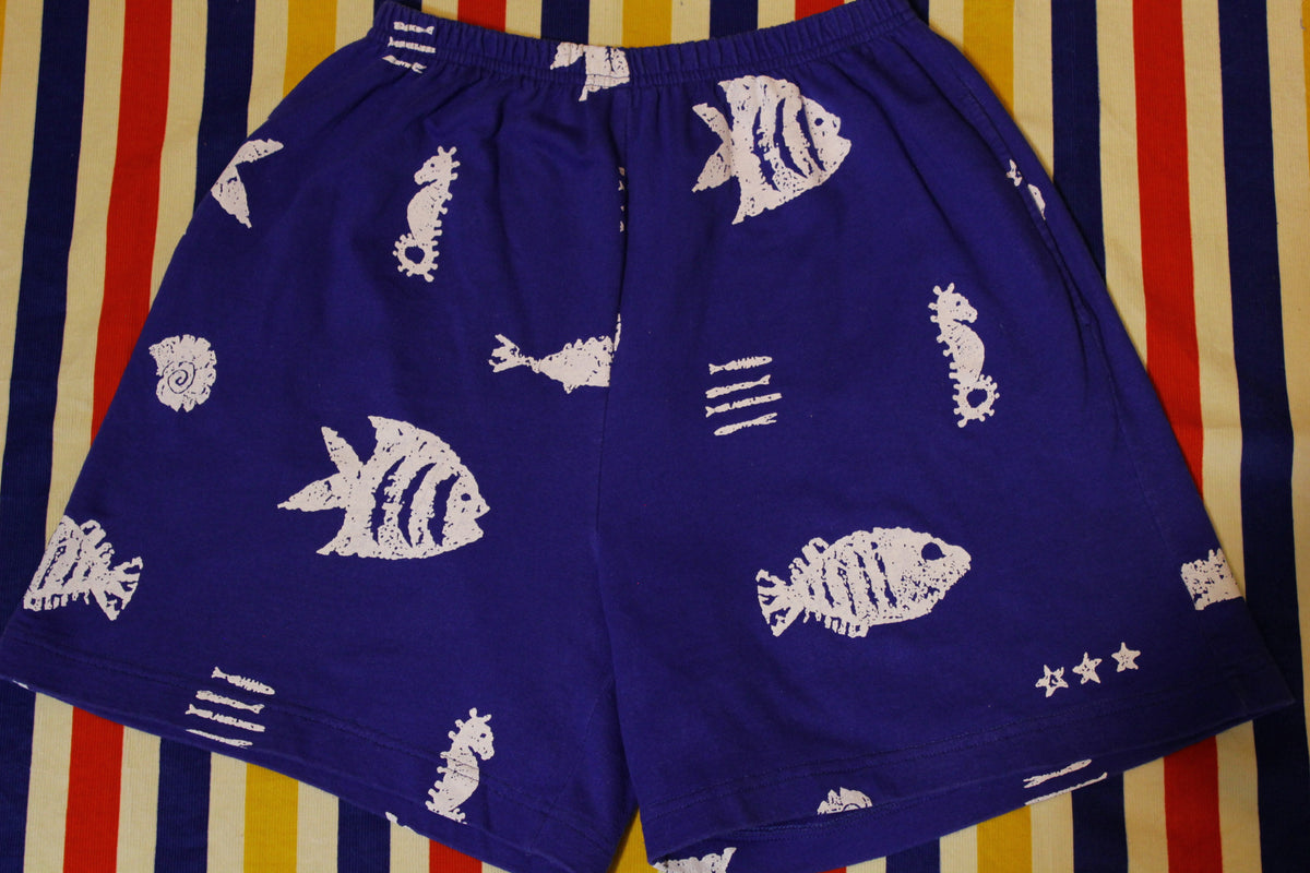 If Made In USA Blue Vintage Seahorse and Fish Beach Shorts. Women's Small Medium