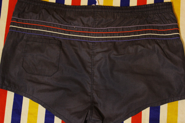 1980's Vintage Black Striped Swimming Shorts. Men's Large w/ Drawstring.