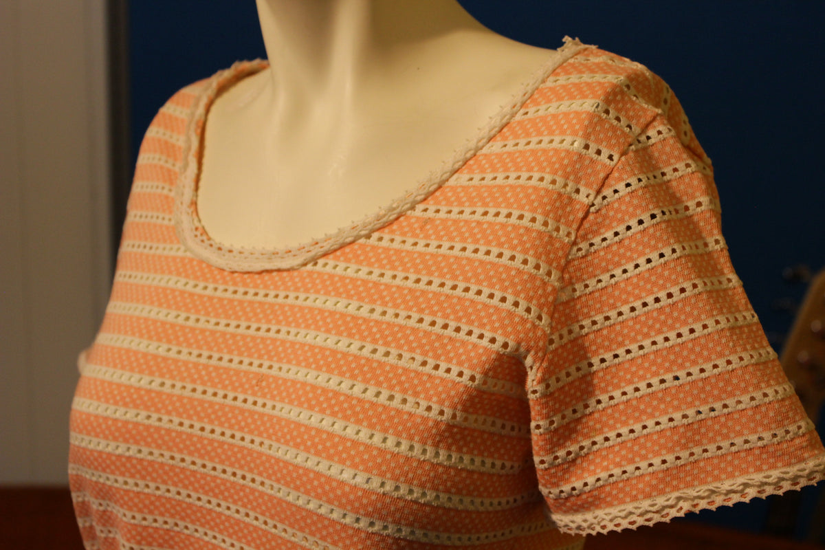 Jantzen Vintage Pink Pointelle Knit Summer T-shirt White Stripes 1970s 1960s