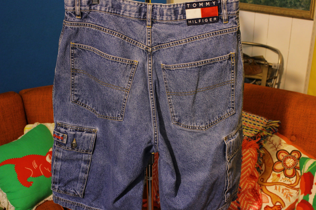 Mens TOMMY HILFIGER Vintage 90s Baggy Carpenter Cargo Denim Jean Shorts 34 Logo