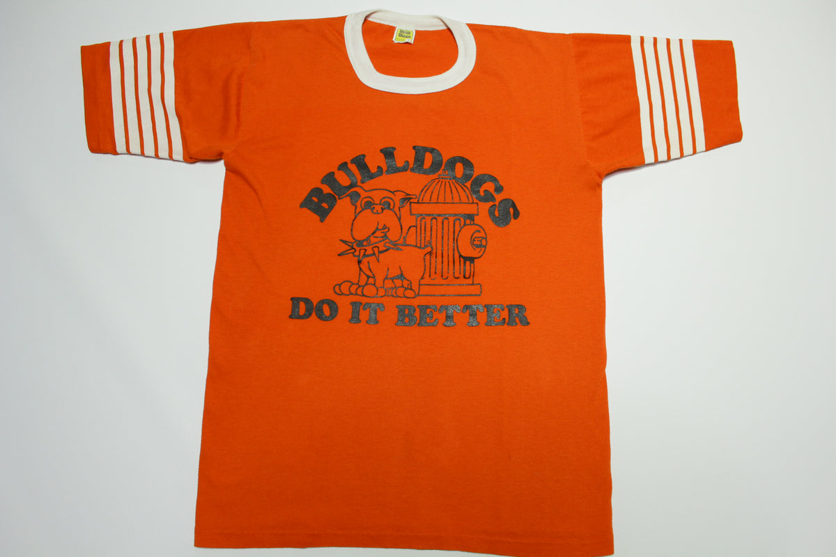 Bulldogs Do It Better Vintage 80's Velva Sheen Funny Striped Sleeve T-Shirt