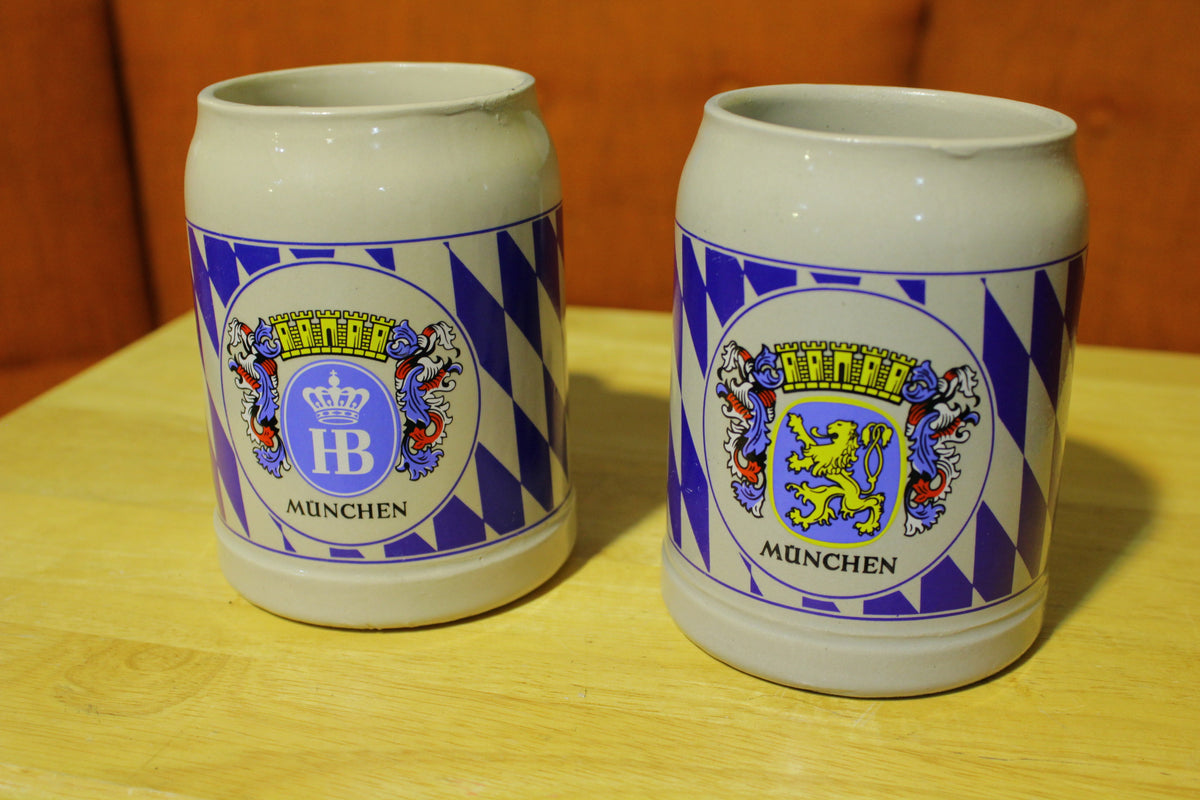 Hofbrauhaus Lowenbrau Blue Diamond Vintage Germany Beer Stein Mugs