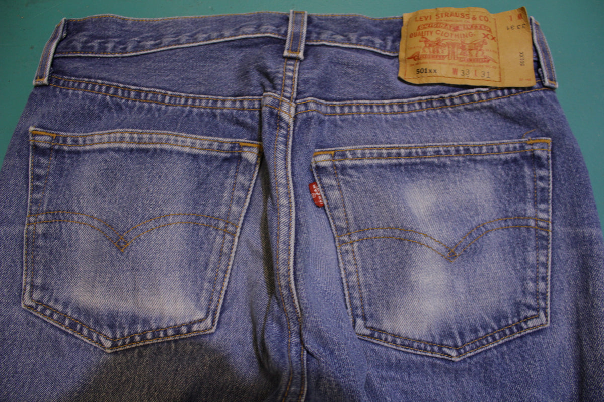 Levis 501 Button Fly 90s Red Tag Made in USA Vintage Blue Denim Jeans 31x27